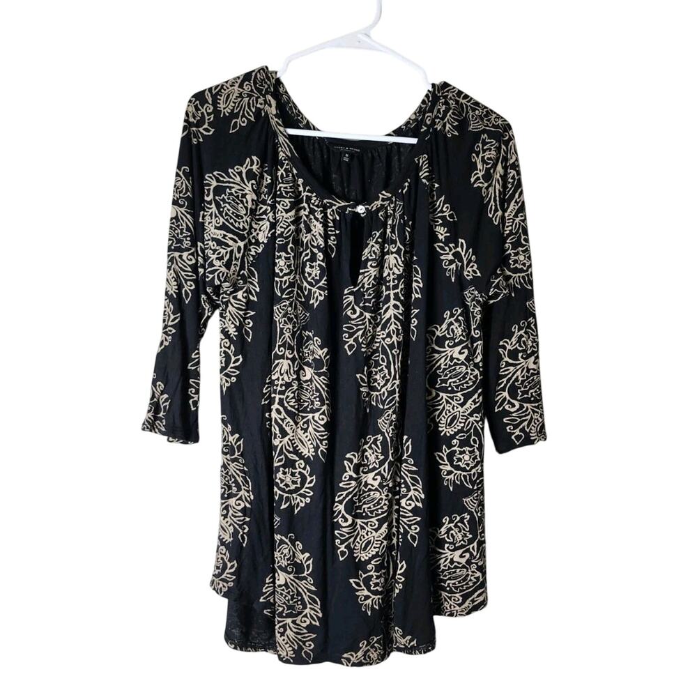 Lucky Brand Tunic Blouse Plus Size 1X Black‎ Floral 3/4 Sleeve Boho